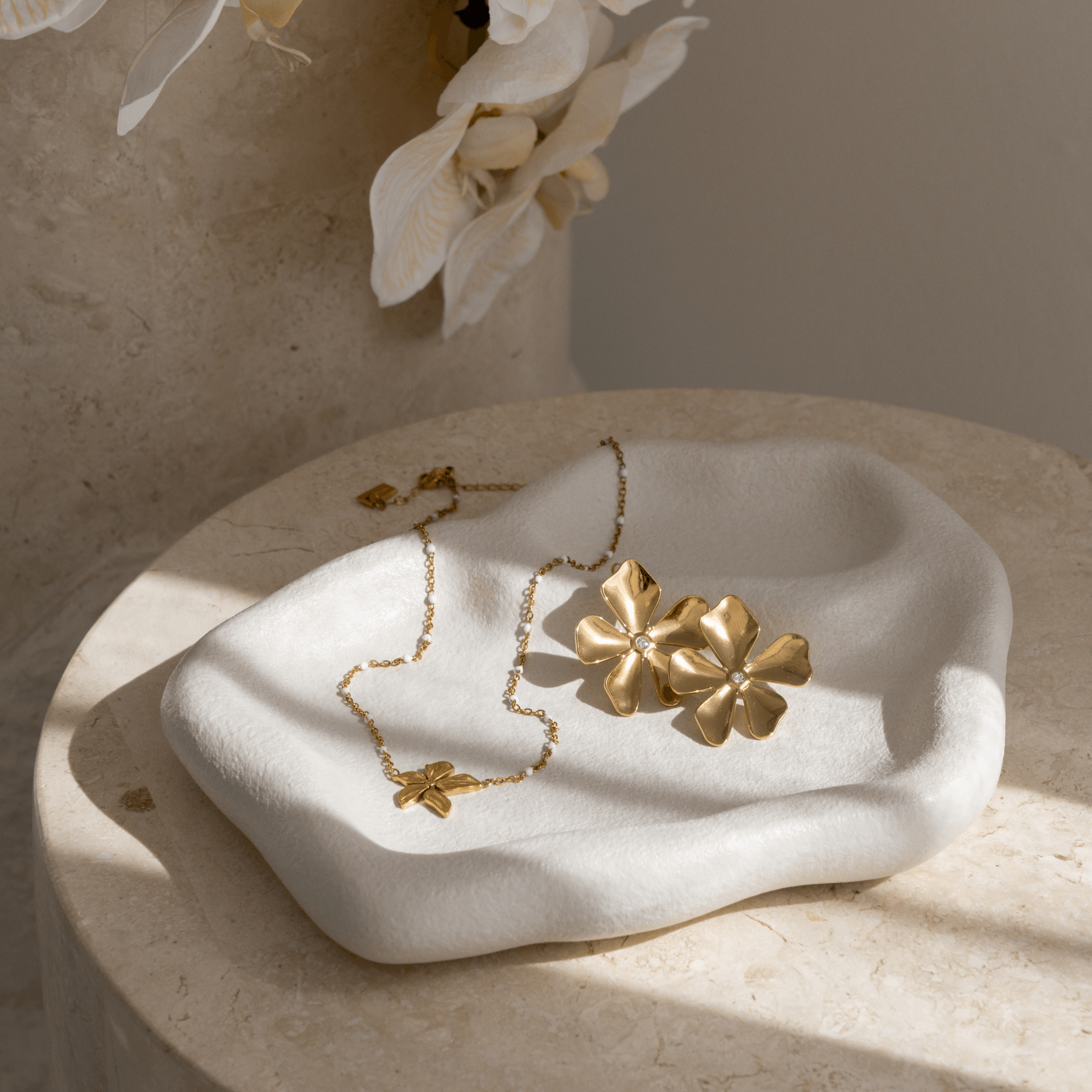 Melati Flower Earrings - Drop Earrings, flower, gemstone, Gold, statement, statement earrings - La Musa Jewellery