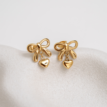 Lovely Heart & Bow Stud Earrings - gold stud earrings - gold studs - waterproof jewellery - La Musa Jewellery