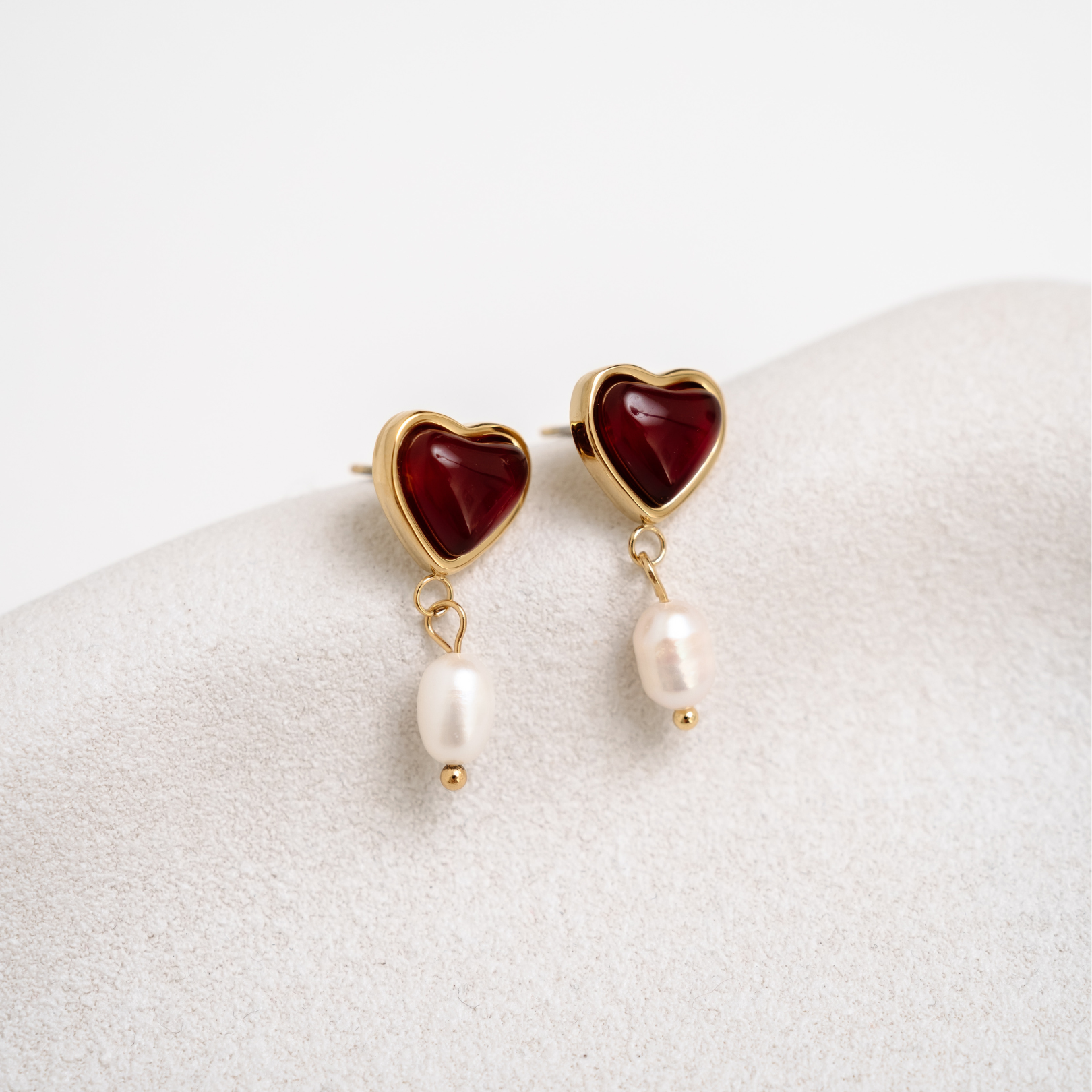 Pinot Heart & Pearl Earrings - red agate heart stud drop earrings with freshwater pearls - waterproof jewellery - La Musa Jewellery
