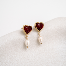 Pinot Heart & Pearl Earrings - red agate heart stud drop earrings with freshwater pearls - waterproof jewellery - La Musa Jewellery