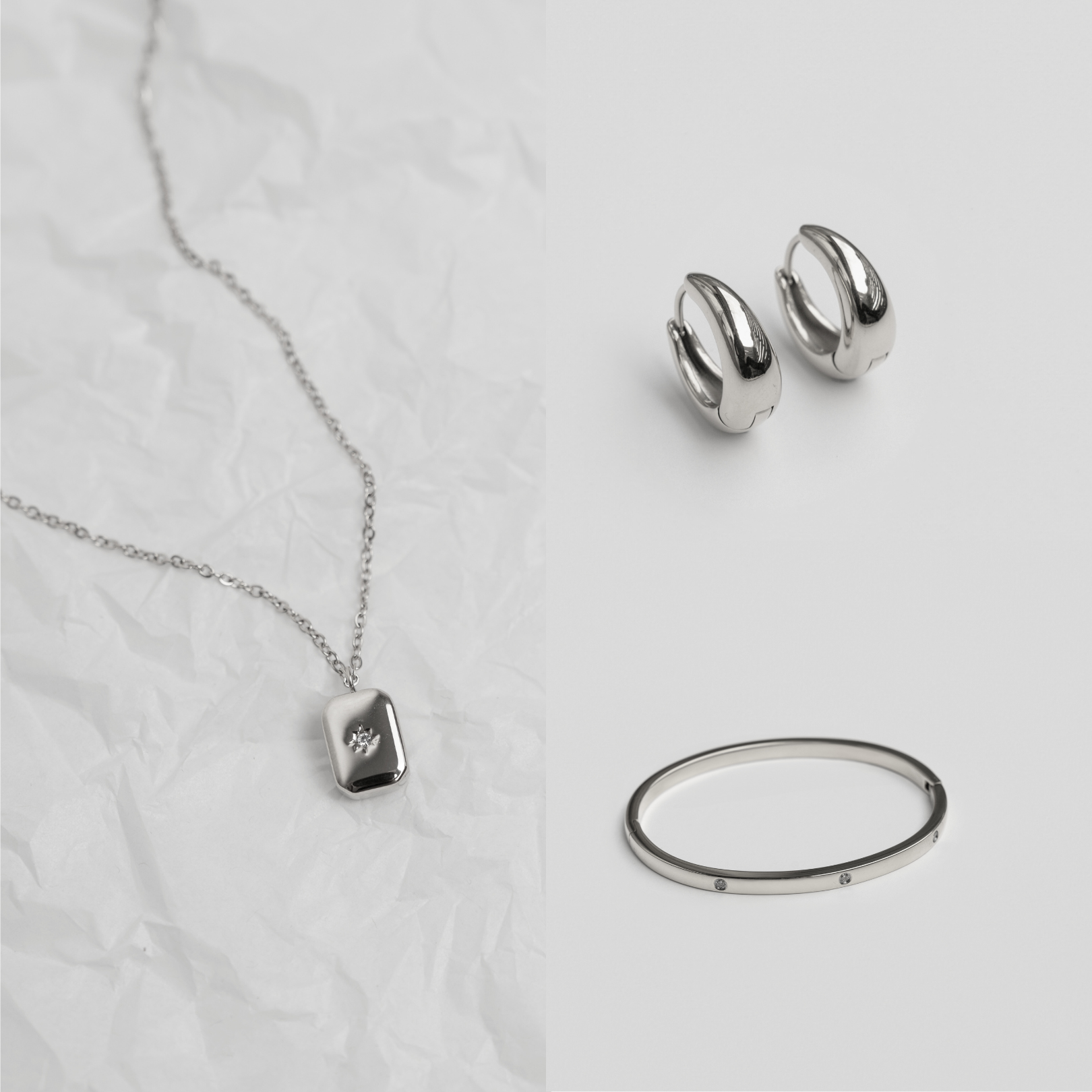 The Essentials Set Silver - silver pendant necklace, silver bangle bracelet and silver hoop earrings jewellery set - La Musa Jewellery
