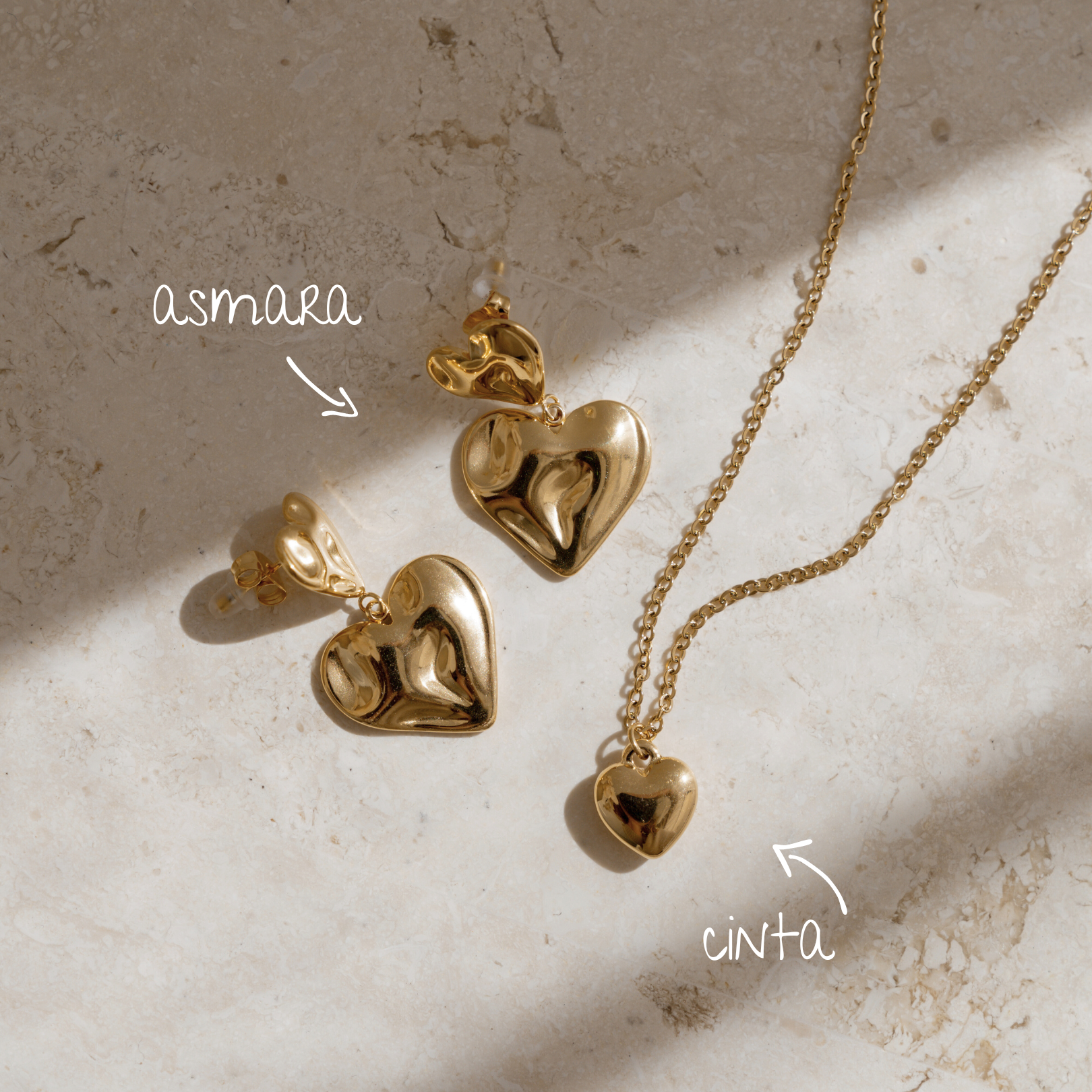 The Heart Set - gold heart stud drop earrings and heart pendant necklace jewellery set - La Musa Jewellery