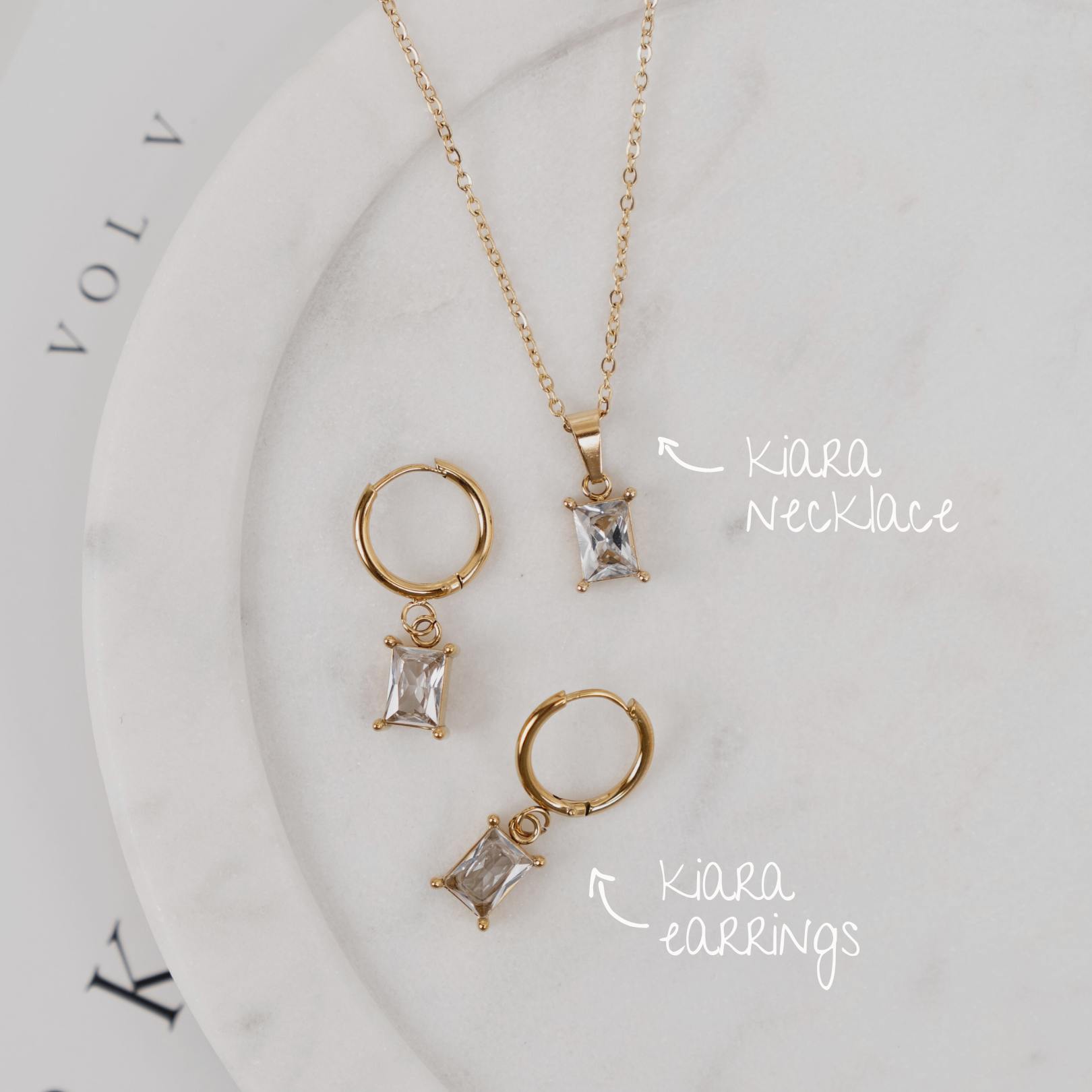 The Kiara Set in White.- gold and cubic zirconia pendant necklace and huggie earrings jewellery set - La Musa Jewellery