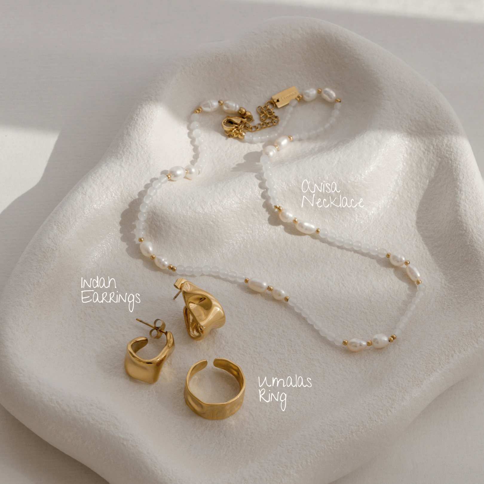 The Summer Set - gold pearl necklace, earrings and ring jewellery set - waterproof jewellery - La Musa Jewellery