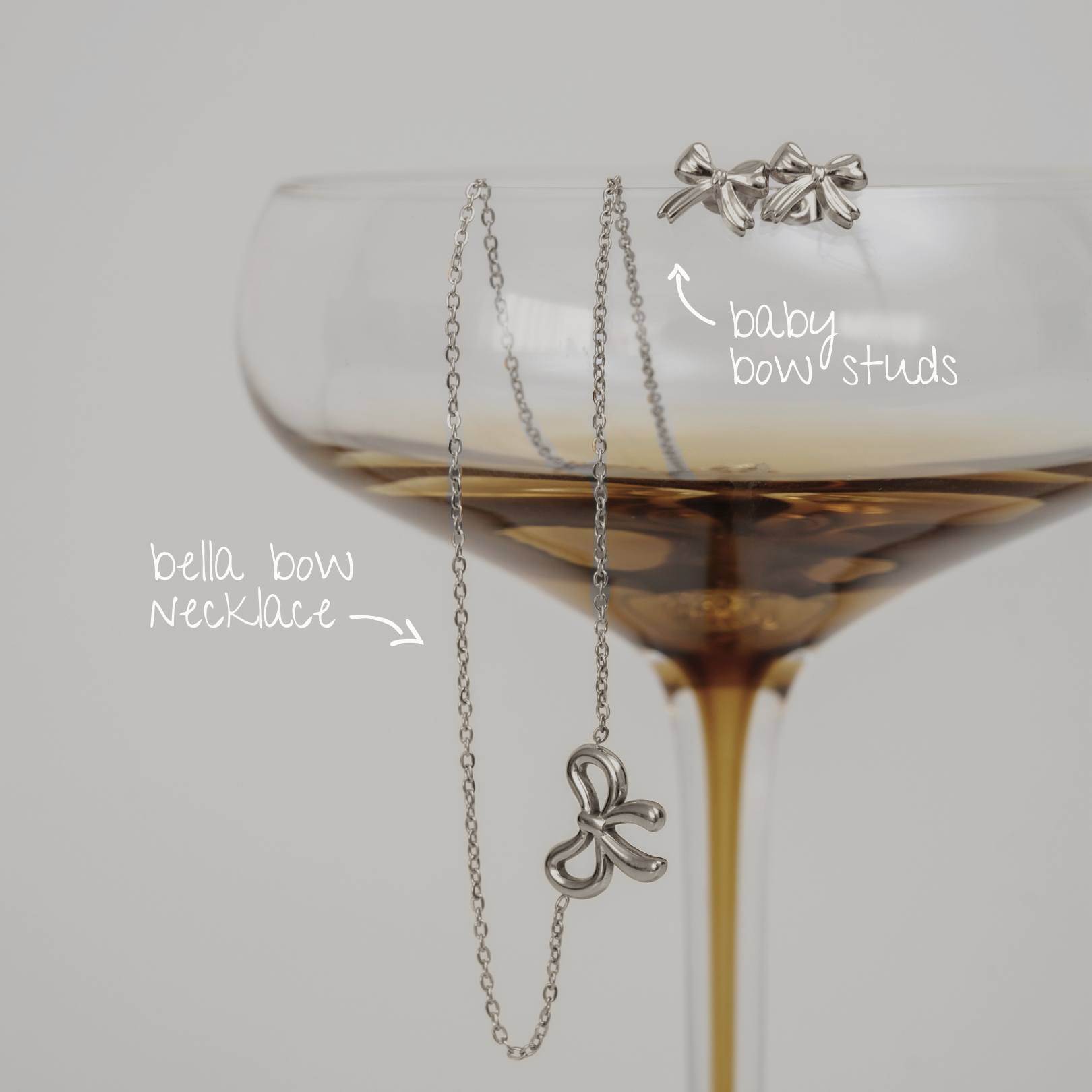 The Baby Bows Set Silver - silver bow necklace and silver bow stud earrings jewellery set - La Musa Jewellery