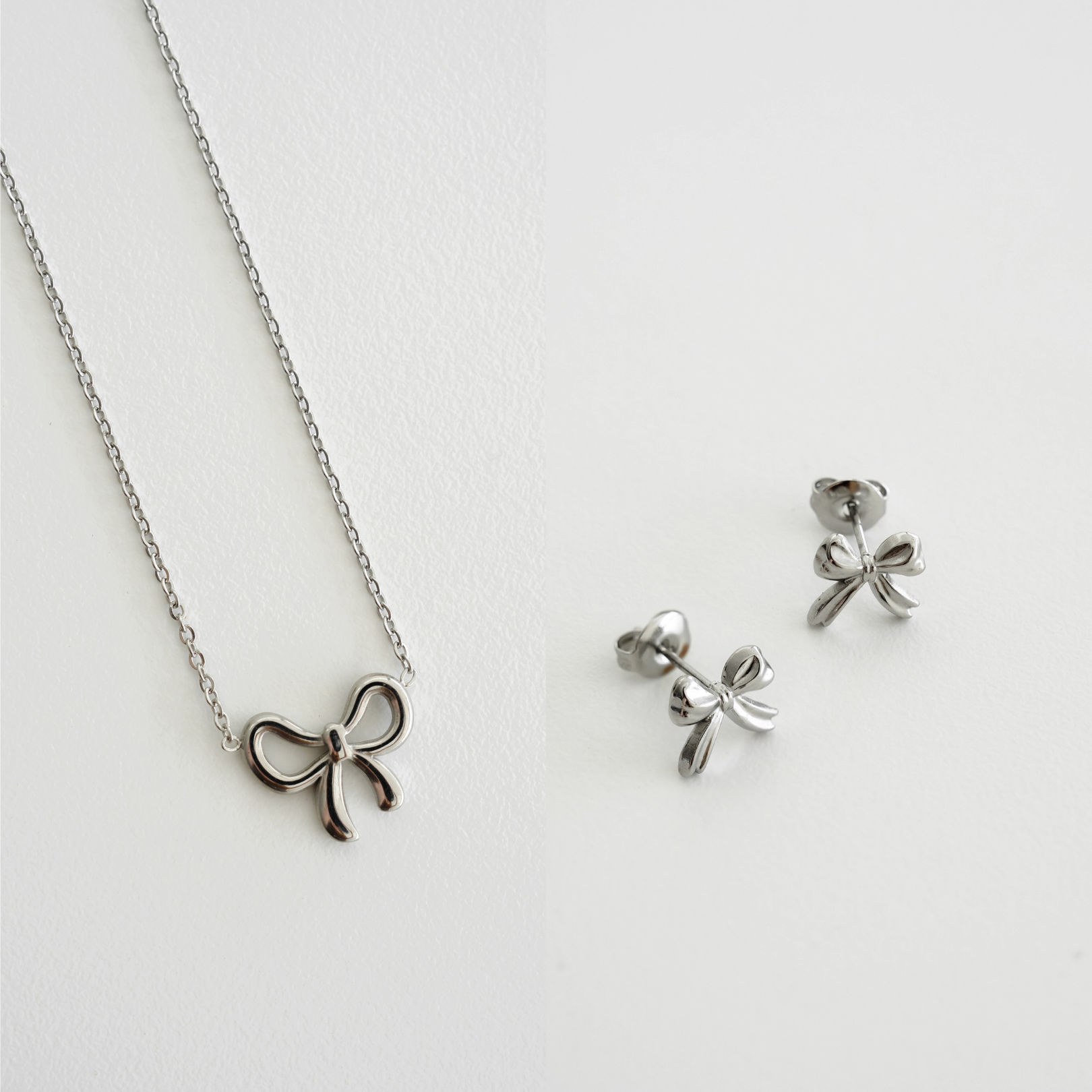 The Baby Bows Set Silver - silver bow necklace and silver bow stud earrings jewellery set - La Musa Jewellery