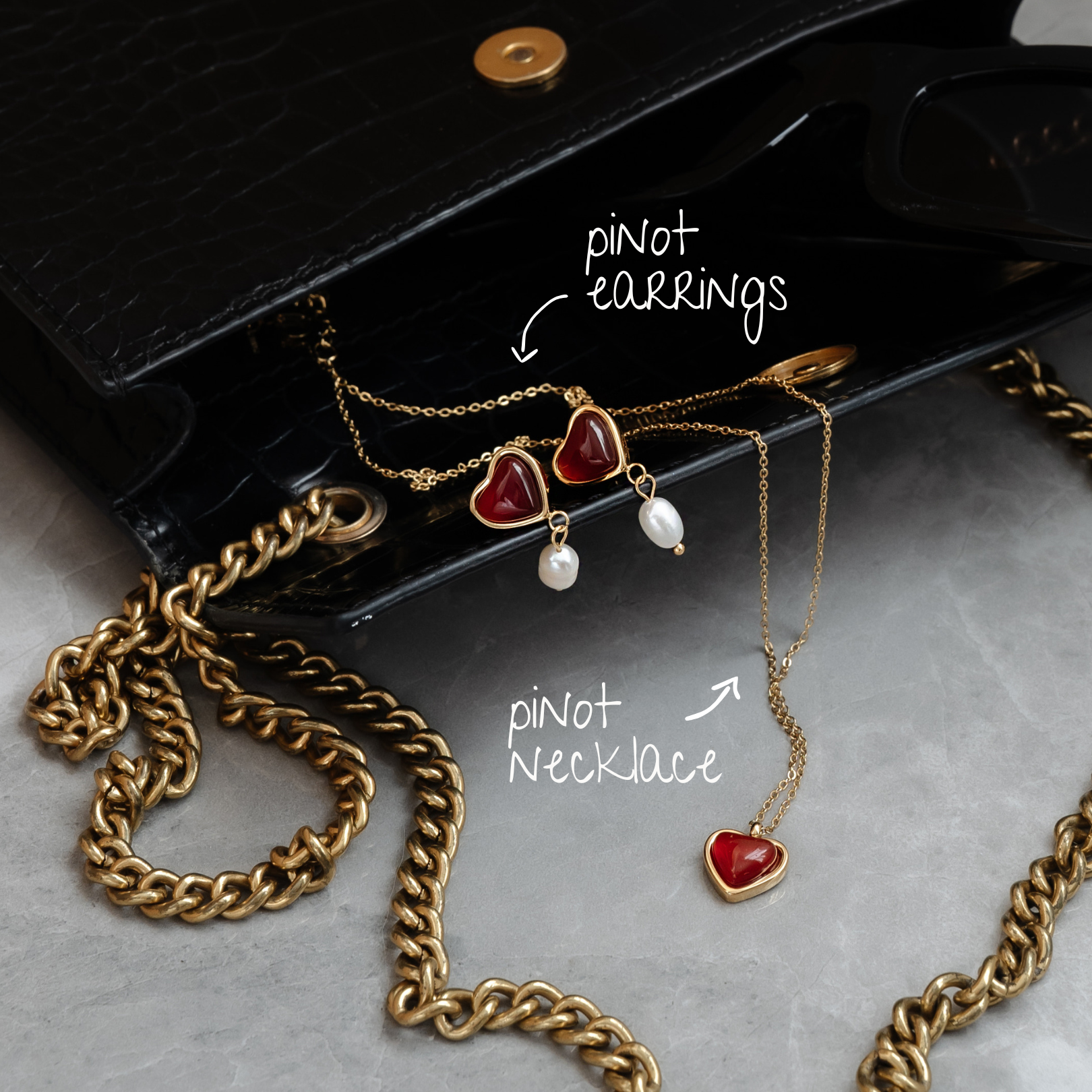 The Pinot Hearts Set - Heart and pearl stud drop earrings and red agate crystal heart pendant necklace jewellery set - La Musa Jewellery