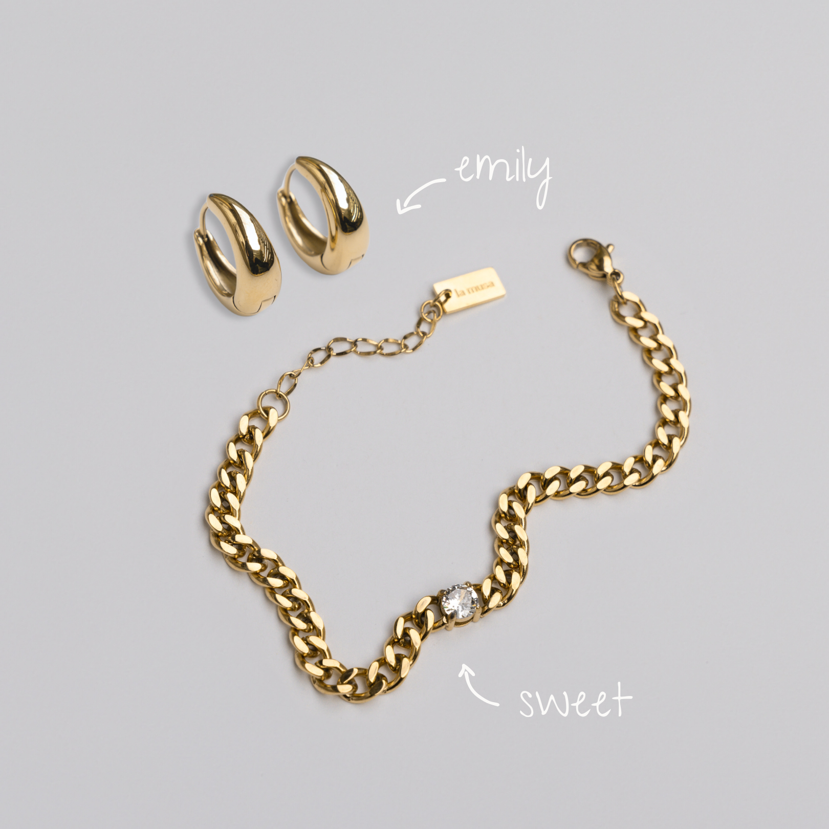The Sweet Set - gold hoop huggie earrings and gold chain bracelet jewellery set - La Musa Jewellery