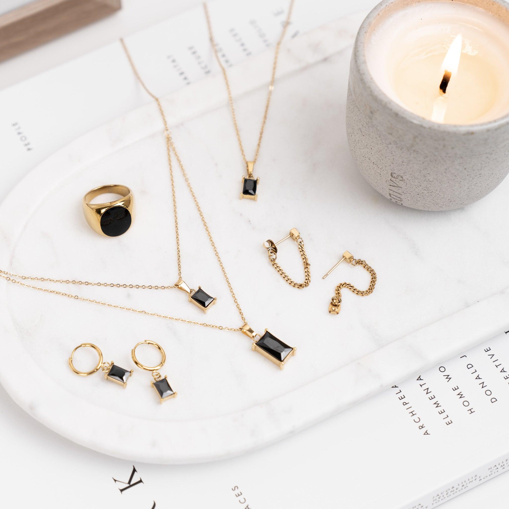 Kiara Huggie Earrings Black - gemstone huggie earrings - gold huggies - waterproof jewellery - La Musa Jewellery